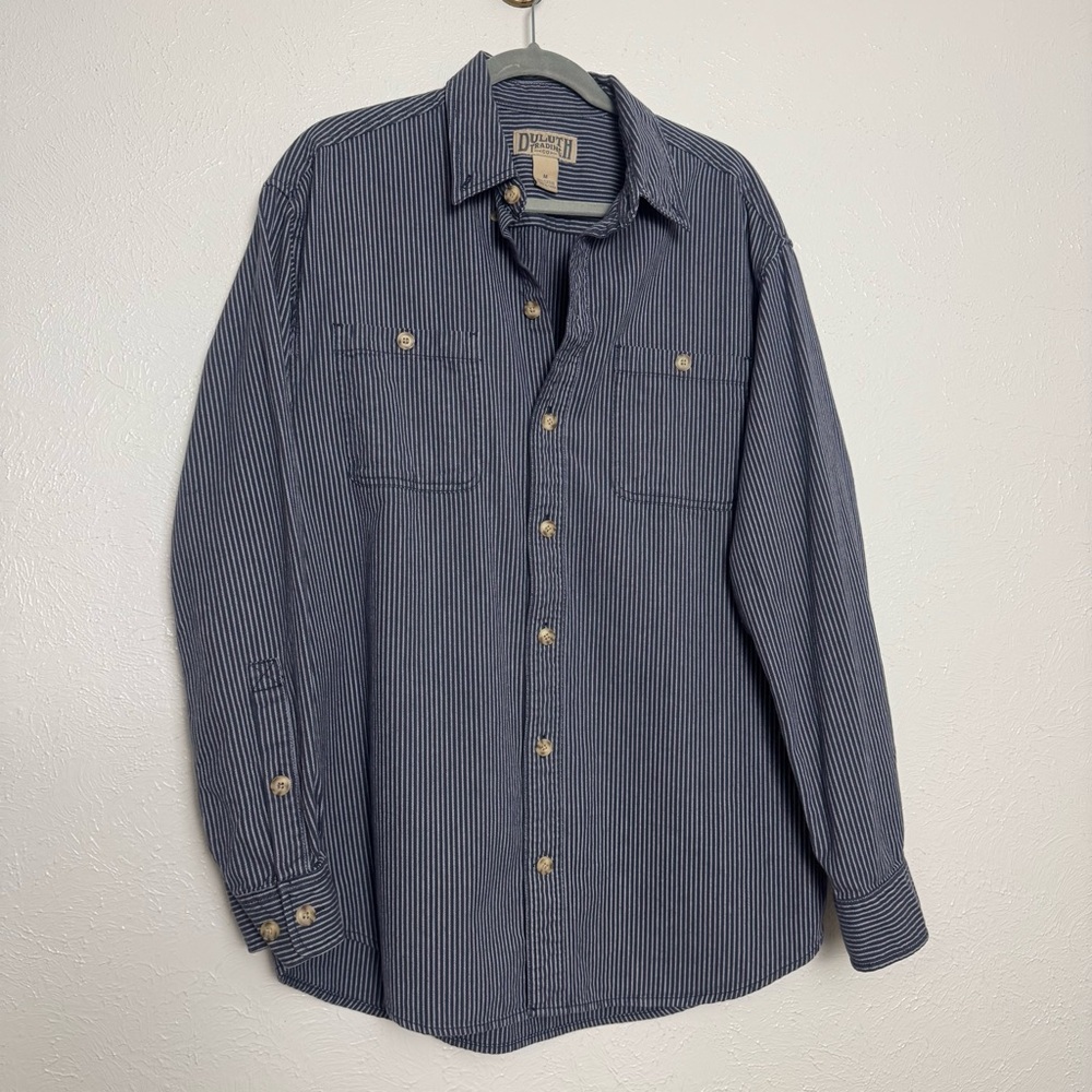 Duluth Trading‎ Co Navy Pinstripe Button Down Cotton Flannel Shirt